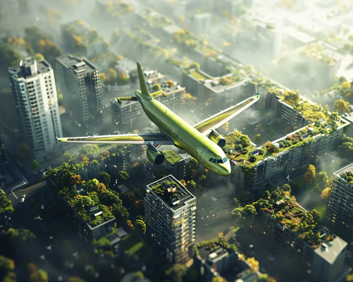 Grünes Flugzeug in umweltfreundlicher Umgebung.